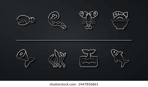 Set line Lobster or crab claw, Fish tail, Served fish on bowl, Whale in ocean wave, Seaweed, Octopus of tentacle, Shark and  icon. Vector