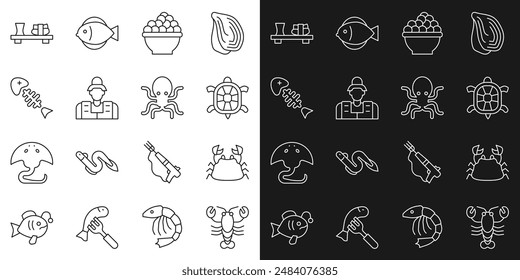 Set line Lobster, Crab, Turtle, Caviar, Fisherman, skeleton, Sushi cutting board and Octopus icon. Vector
