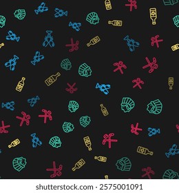 Set line Lobster, Native American Indian, Beer bottle and Ice hockey sticks and puck on seamless pattern. Vector