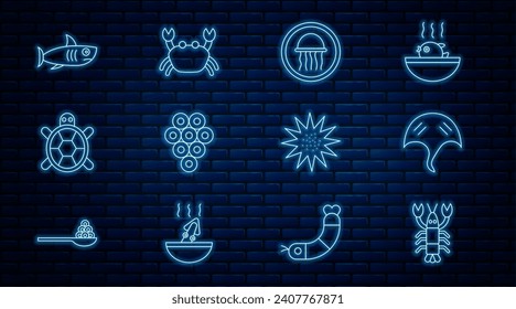 Set line Lobster, Stingray, Jellyfish on plate, Caviar, Turtle, Shark, Sea urchin and Crab icon. Vector