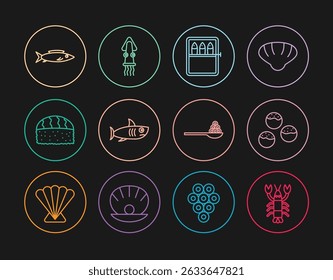 Set line Lobster, Takoyaki, Canned fish, Shark, Sushi, Fish, Caviar on spoon and Octopus icon. Vector