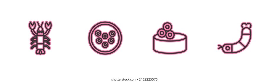 Set line Lobster, Tin can with caviar, Caviar on plate and Shrimp icon. Vector
