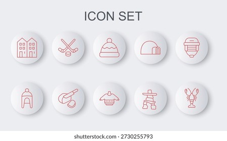 Set line langosta, sombrero de invierno, gorro, Inukshuk, casa, palos de hockey sobre hielo y disco, tocino de perlas y el icono de suéter de Navidad. Vector