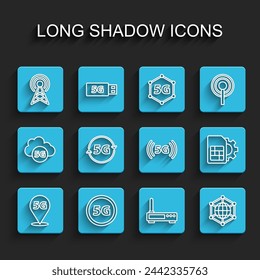 Set line Location 5G network, Antenna, Router and wi-fi signal, Social, Sim card setting and  icon. Vector