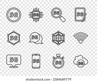 Set line Location 5G network, Cloud, Search, Mobile with, Digital speed meter and Wi-Fi wireless icon. Vector