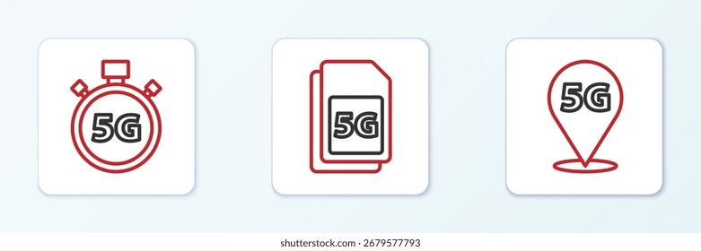 Set line Location 5G network, Digital speed meter and Sim Card icon. Vector