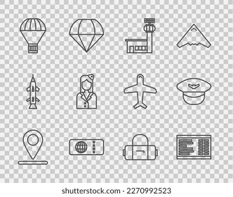 Ubicación de línea, tarjeta de aeropuerto, torre de control, billete de avión, paracaídas aéreo de caja, azafatas, maleta y icono de sombrero piloto. Vector