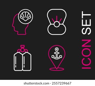 Set line Location with anchor, Aqualung, Shell pearl and Scallop sea shell icon. Vector