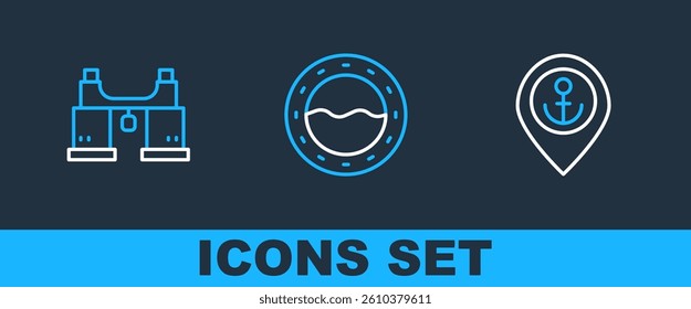 Set line Location with anchor, Binoculars and Ship porthole icon. Vector