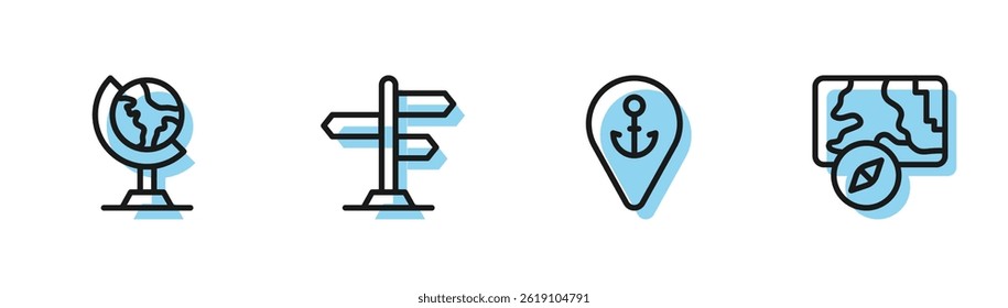 Set line Location with anchor, Earth globe, Road traffic sign and City map navigation icon. Vector