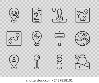 Set line Location with anchor, mountain, and monument, Push pin, Search location, Car service,  and Magnifying glass globe icon. Vector