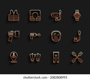 Set line Location with anchor, Rubber flippers, Life jacket, Wetsuit, Paddle, Fishing harpoon, Snorkel and Diving mask icon. Vector
