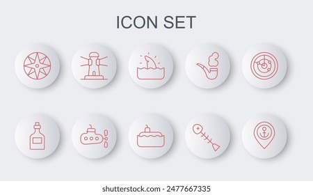 Set line Location with anchor, Rum bottle, Shark fin in ocean wave, Dead fish, Wind rose, Lighthouse, Submarine and  icon. Vector