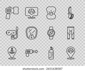 Set line Location with anchor, Scallop sea shell, Shell pearl, Fishing harpoon, Flashlight, Diving mask, Aqualung and Wetsuit icon. Vector