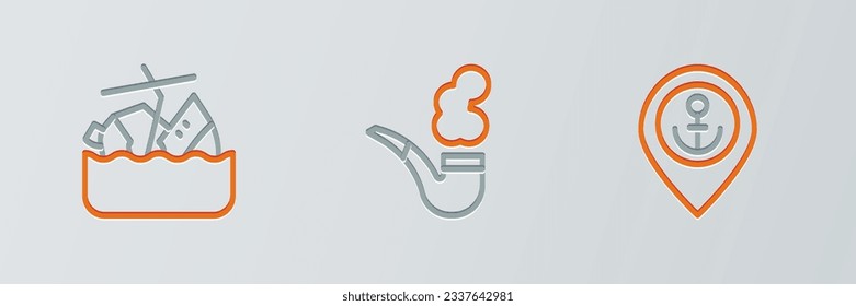 Establezca la ubicación de línea con el anclaje, el barco de crucero con el incandescencia y el icono del tubo de fumadores. Vector
