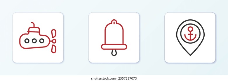 Set line Location with anchor, Submarine and Ship bell icon. Vector