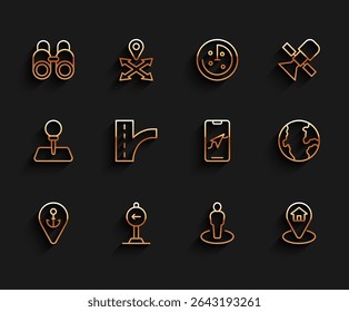 Set line Location with anchor, Traffic sign turn left, Binoculars, person, house, Road traffic, Earth globe and City map navigation icon. Vector