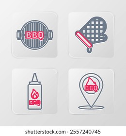 Set line Location with barbecue, Ketchup bottle, Oven glove and Barbecue grill icon. Vector