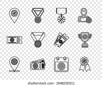 Set line Location with basketball ball, Basketball award, medal, game ticket, sport calendar and Award cup icon. Vector