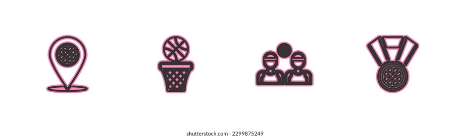 Set line Location with basketball ball, Basketball players, and and medal icon. Vector