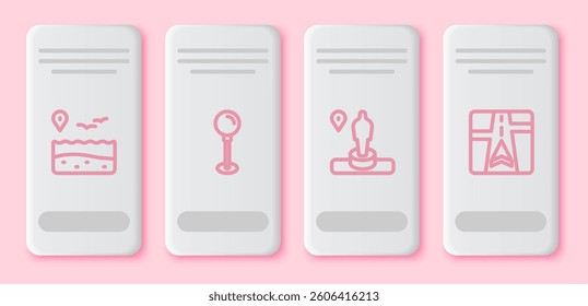 Set line Location with beach, Push pin, and monument and Gps device map. White rectangle button. Vector