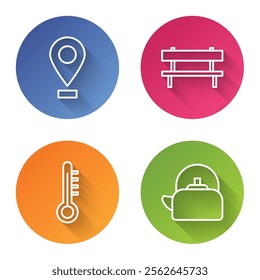 Set line Location, Bench, Meteorology thermometer and Kettle with handle. Color circle button. Vector