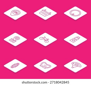 Locación de la línea del sistema con la bicicleta, cesta de la bicicleta, rueda, servicio de reparación, crema del protector solar en el tubo, suspensión e icono pinchado del neumático. Vector
