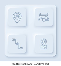 Set line Location with bicycle, Bicycle frame, pedals and repair service. White square button. Vector