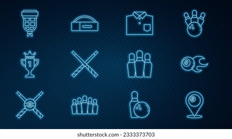 Set line Location with billiard ball, Billiard, Bowling shirt, Crossed cues, Award cup, pocket, pin and Case for icon. Vector