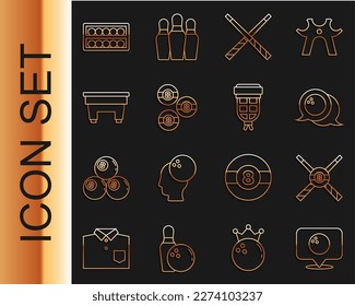 Set line Position mit Bowling-Ball, Crossed Billard-Cues und, Bowling, Billiard, Tisch, Bälle Ständer und Taschensymbol. Vektorgrafik