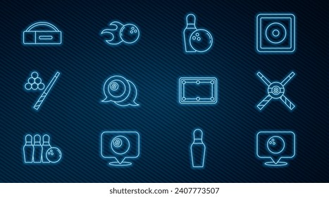 Set line Location with bowling ball, Crossed billiard cues and, Bowling pin, Billiard, Case for, table and  icon. Vector