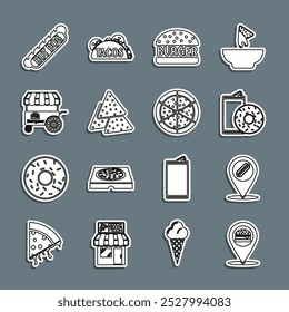 Set line Localização com hambúrguer, hotdog, lata de alumínio refrigerante e donut, hambúrguer, nachos, carrinho de fast street food, sanduíche Hotdog e ícone Pizza. Vetor