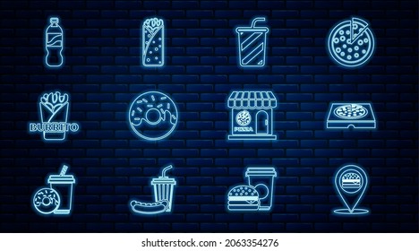 Fijar la línea Ubicación con hamburguesa, Pizza en caja de cartón, Agua de vidrio, Donut, Burrito, Botella de, fachada de construcción de Pizzeria e ícono. Vector