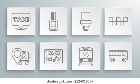 Set line Location with bus, Car key remote, taxi, Train, Bus, Safety belt, Taxi car roof and  icon. Vector