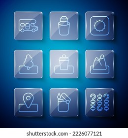 Set line Location for camping, Lighter, Grilled shish kebab skewer, Sun, Trash can, Tree, RV motorhome vehicle and Mountains icon. Vector