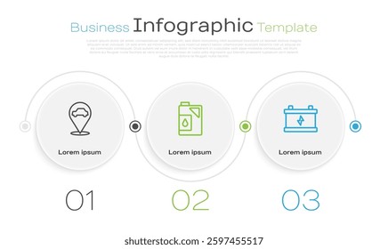 Set line Location with car service, Canister for motor oil and Car battery. Business infographic template. Vector