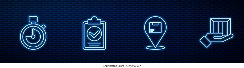 Set line Location with cardboard box, Stopwatch, Verification of delivery list clipboard and Delivery hand boxes. Glowing neon icon on brick wall. Vector