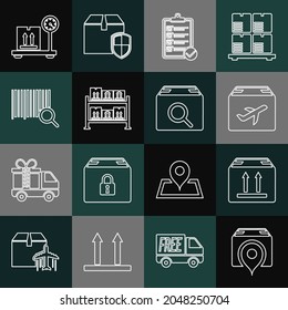 Set line Location with cardboard box, Cardboard traffic, Plane and, Verification of delivery list, Warehouse, Search barcode, Scale and package icon. Vector