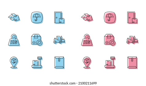 Set line Location with cardboard box, Scale, Carton, Envelope, Forklift truck, Weight and Delivery package umbrella icon. Vector
