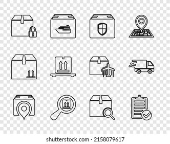 Set line Location with cardboard box, Verification of delivery list, Delivery security shield, Search package, Locked, Cardboard boxes pallet,  and truck in movement icon. Vector