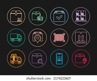 Linienführung Lage mit Karton, Pappverkehr, Paketmarke, LKW-LKW-LKW-LKW-LKW-LKW-LKW-LKW, Barcode und Plane und Icon. Vektorgrafik