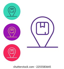 Establecer ubicación de línea con el icono de caja de cartón aislado en fondo blanco. Servicios de entrega, logística y transporte, distribución. Indique los iconos en colores. Vector