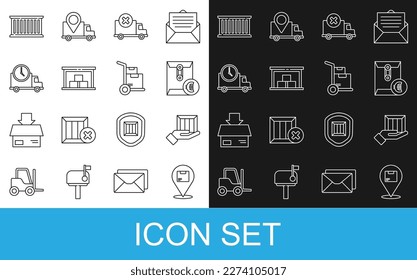 Set line Location with cardboard box, Delivery hand boxes, Envelope euro symbol, cargo truck vehicle, Warehouse, Logistics delivery clock, Container and Hand icon. Vector