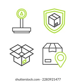 Stellen Sie die Position der Linie mit Kartons, Entpacken, Sicherheitsschild liefern und Skalieren Symbol ein. Vektorgrafik