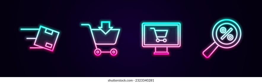 Establecer la ubicación de línea con la caja de cartón, Añadir al carrito de compras, monitorizar y aumentar el porcentaje de la luna. Icono de neón brillante. Vector