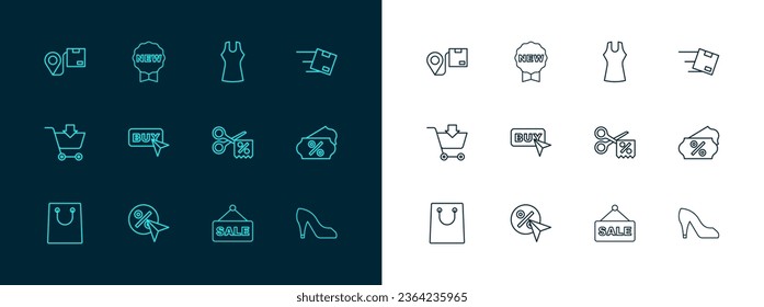 Set line Location with cardboard box, Discount percent tag, Scissors cuts discount coupon, Hanging sign text Sale, Buy button, Woman dress,  and Price New icon. Vector