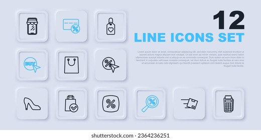 Establecer la ubicación de línea con la caja de cartón, terminal POS, bolsa de compra de papel, porcentaje de la lupa, botón Comprar, descuento e icono de etiqueta. Vector
