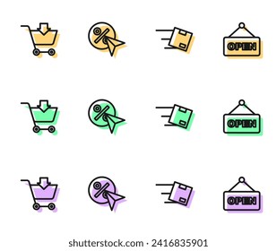 Establecer la ubicación de línea con la caja de cartón, Agregar al carrito de compras, Etiqueta por porcentaje de descuento y Texto del signo por colgar Icono Abrir. Vector