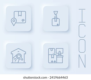Set line Location with cardboard box, Crane, Warehouse check and boxes. White square button. Vector
