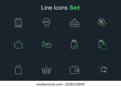 Set line Location with cardboard box, Wallet, Shopping basket, Paper shopping bag, Scissors cuts discount coupon and  icon. Vector